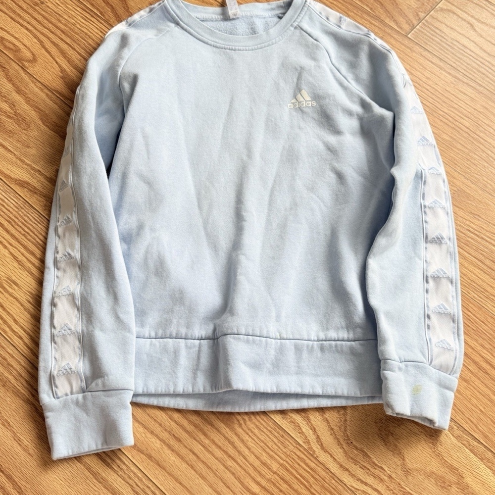 Adidas Crewneck Sweatshirt Girls M Baby Blue FK9870 Sleeve Tape 3 Stripes Logo